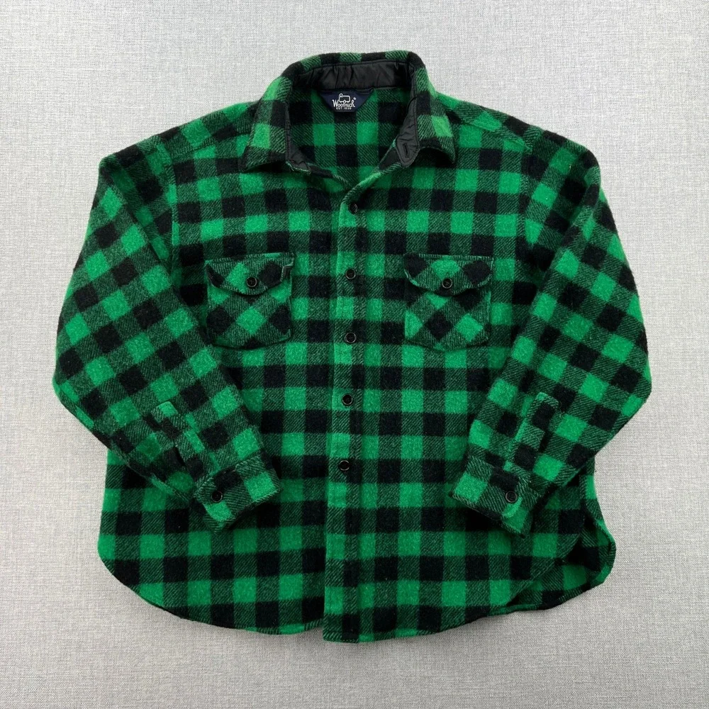 VTG 80s Woolrich Wool Flannel Shirt Men L Green Black Buffalo Plaid CPO Shacket